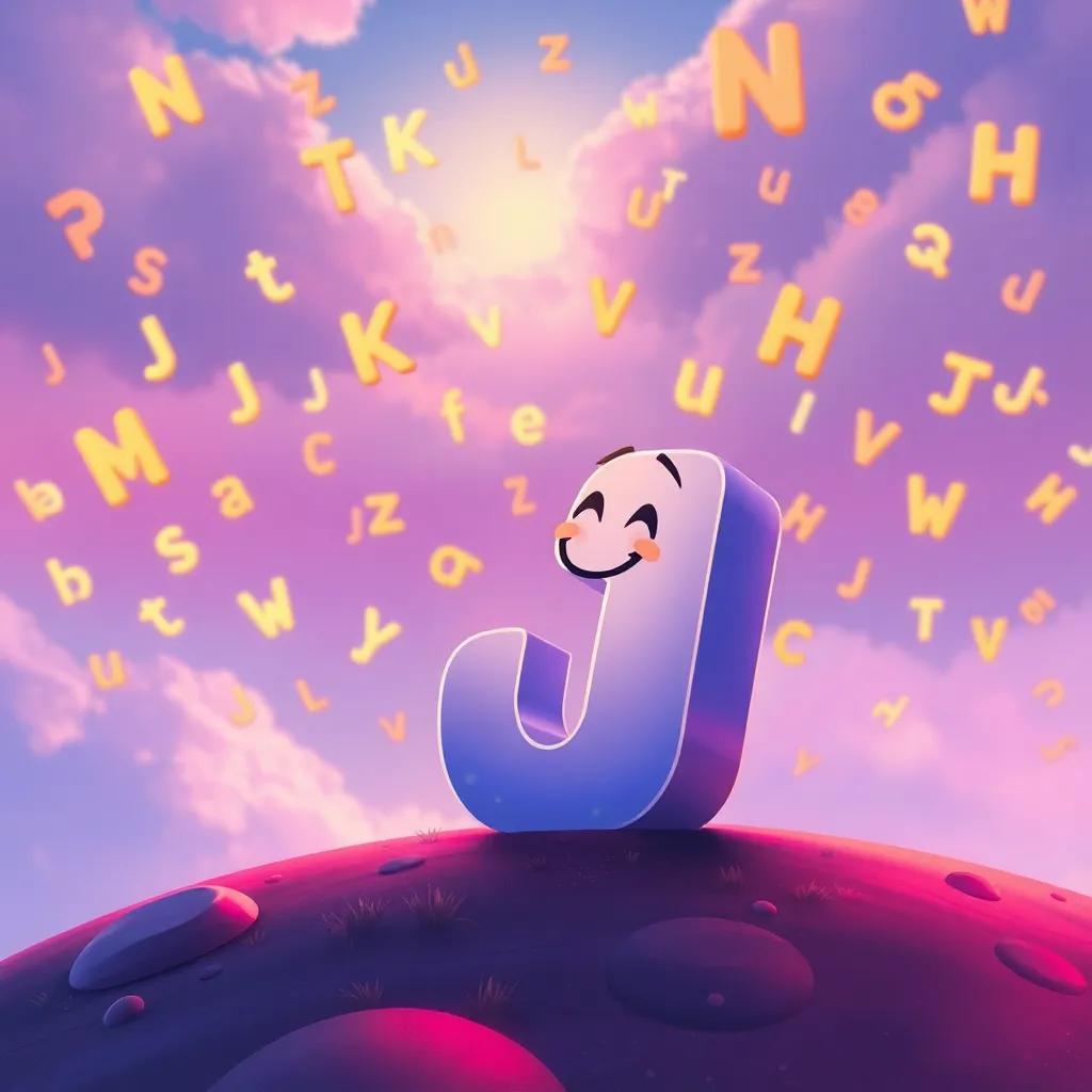 A joyful letter 'ف' back in his own world, reflecting on his adventure with a smile, surrounded by an array of letters in the sky, digital painting, dreamy colors, peaceful view