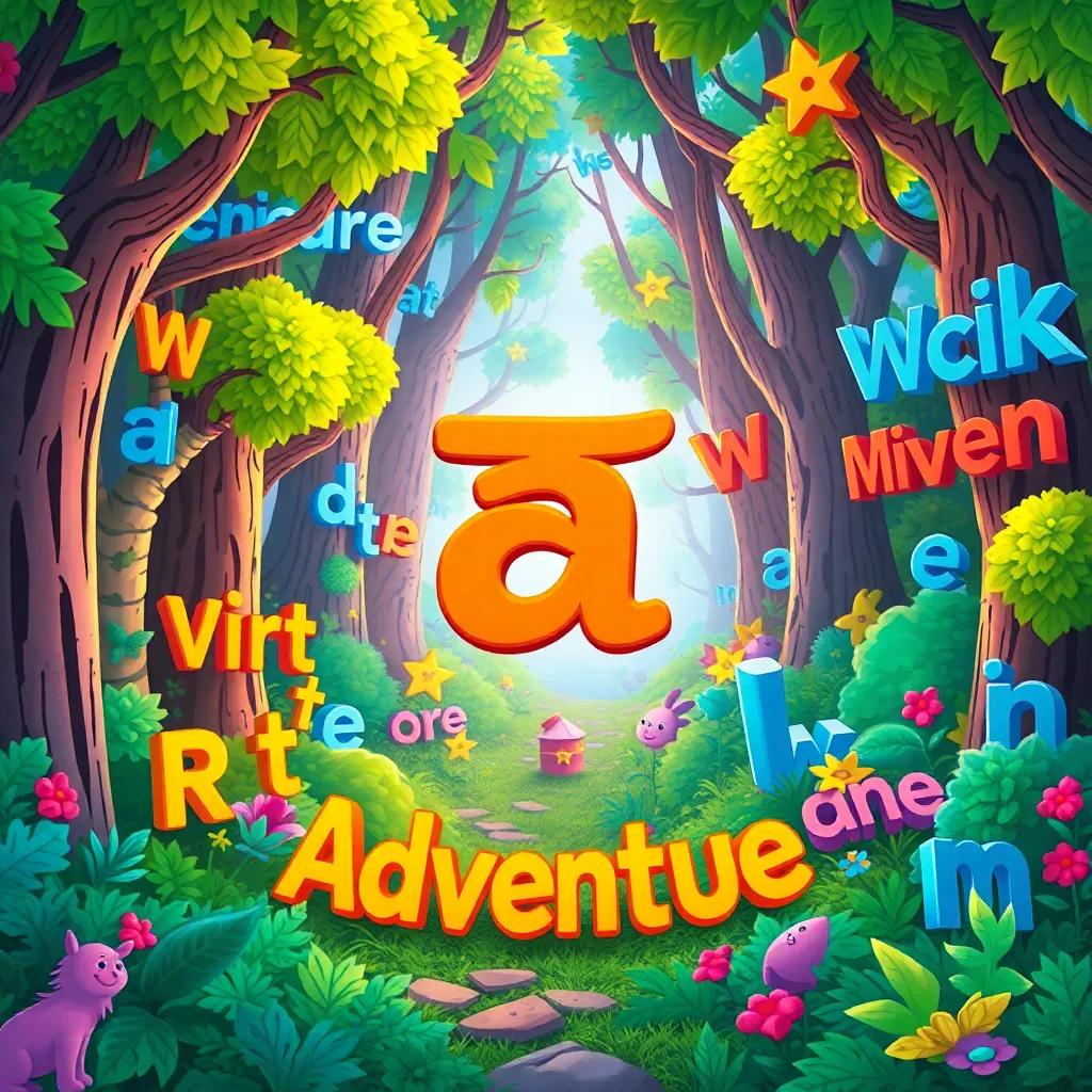 A magical forest of words with the letter 'ف' at the center, symbolizing adventure and learning, vibrant colors, whimsical, child-friendly scene