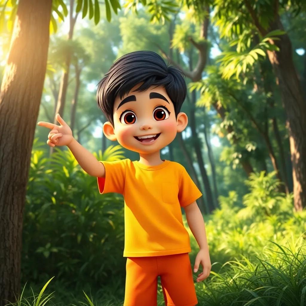 A happy young Arab boy, Qasim, with short dark hair, wearing a bright t-shirt and shorts, standing at the edge of a lush green forest, excitedly pointing at the trees, cheerful atmosphere, warm sunlight, vibrant colors, playful mood, high detail