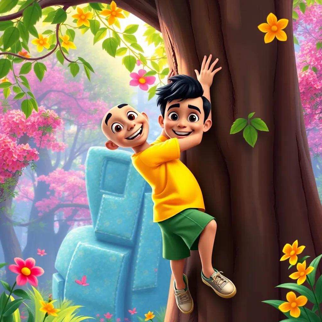 Qasim, a young Arab boy with short dark hair in a bright t-shirt and shorts, climbing a big tree in a colorful forest, surrounded by green leaves and bright flowers, joyful expressions on friends' faces, adventure theme, bright colors, engaging scene, high quality