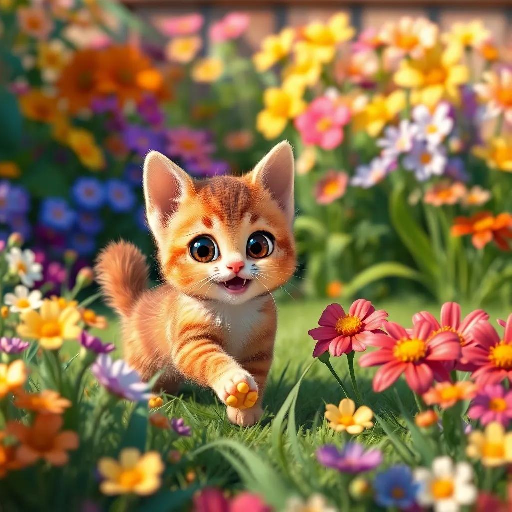 A small brown cat named Lulu, with soft fur, playing in a vibrant garden filled with colorful flowers, cheerful and adventurous atmosphere, digital art, bright colors, high quality