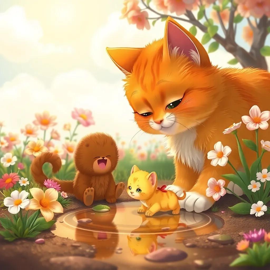 Lulu the cat, with soft brown fur, helping a small yellow kitten out of a puddle, surrounded by blooming flowers and a sunny sky, heartwarming scene, colorful, detailed, inviting atmosphere