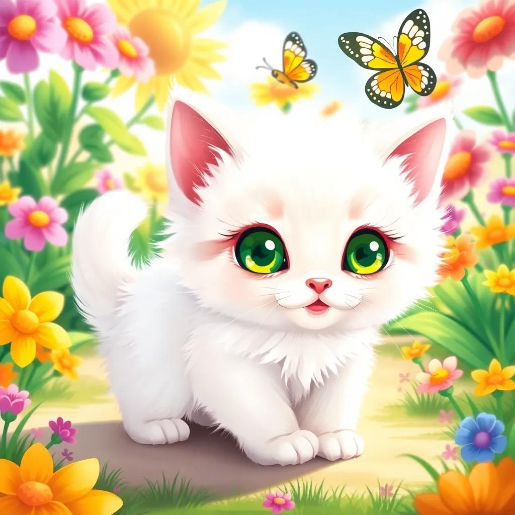 A small kitten, Lolo, with fluffy white fur and bright green eyes, playing in a sunny garden with colorful flowers and a butterfly, digital art, vibrant colors, cheerful atmosphere, high quality