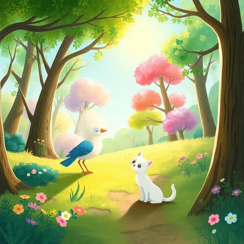 A whimsical forest with singing trees, shining colors under sunlight, a delicate bird talking to Lolo, a small white kitten, friendly setting, fantasy illustration, magical mood, high quality