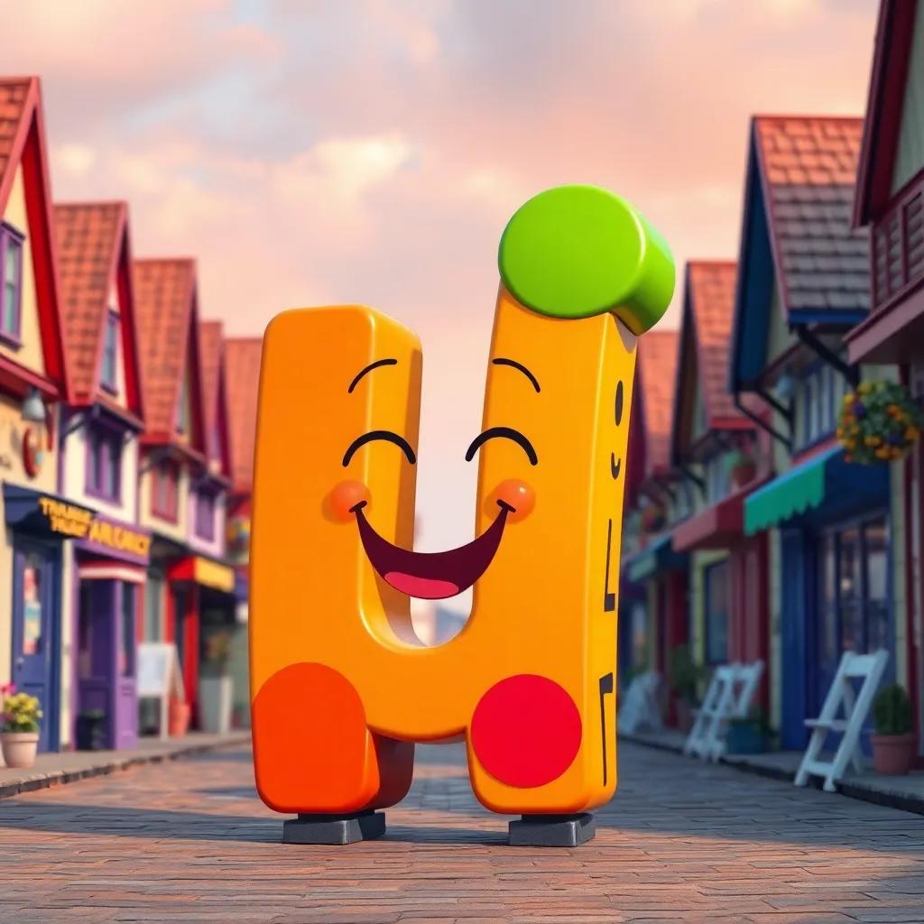 A colorful letter 'ق', with a joyful expression, standing in the center of a small town, digital art, vibrant colors, cheerful atmosphere, high quality