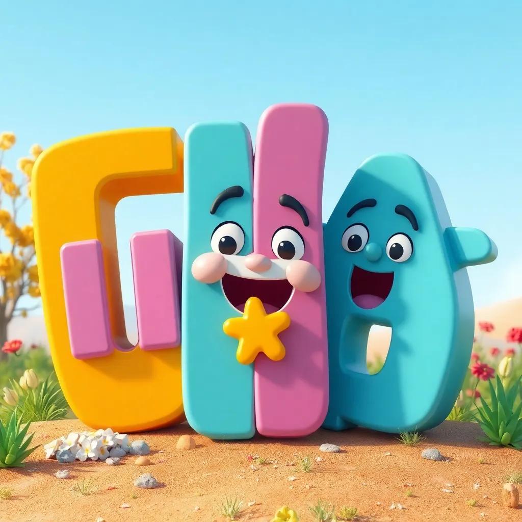 The letters 'أ', 'ب', and 'ت' gathered around character ق, looking excited, illustration, colorful, lovely scenery, bright and inviting, high quality