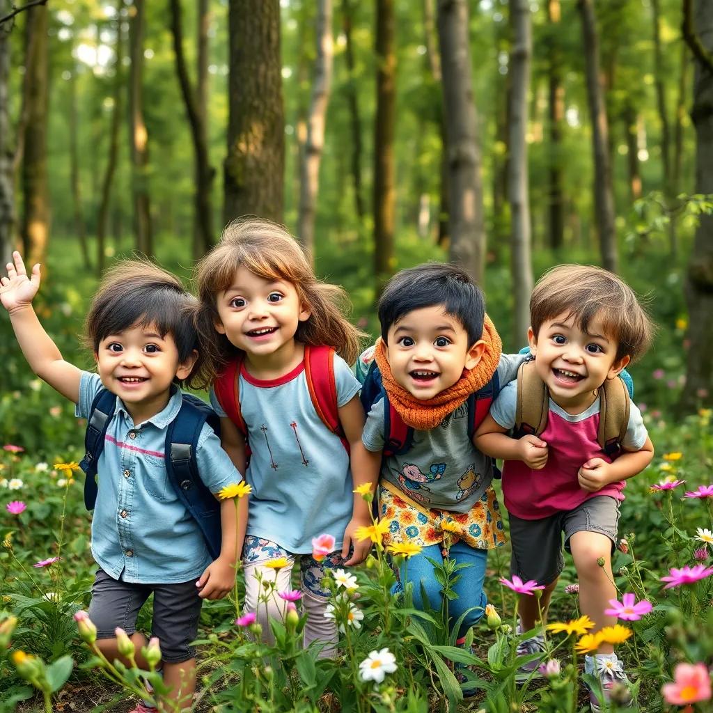 Four friends embarking on an adventure in the woods, playful expressions, surrounded by trees and flowers, lively, vivid colors, child-friendly, high quality