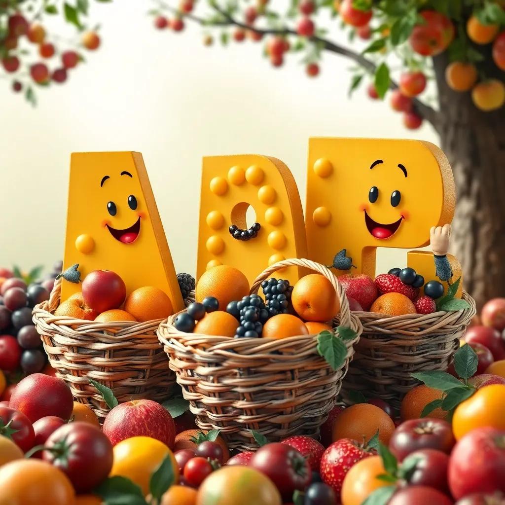 The letters collecting fruits happily in their baskets, surrounded by colorful fruits, cheerful expressions, whimsical, engaging scene, high quality