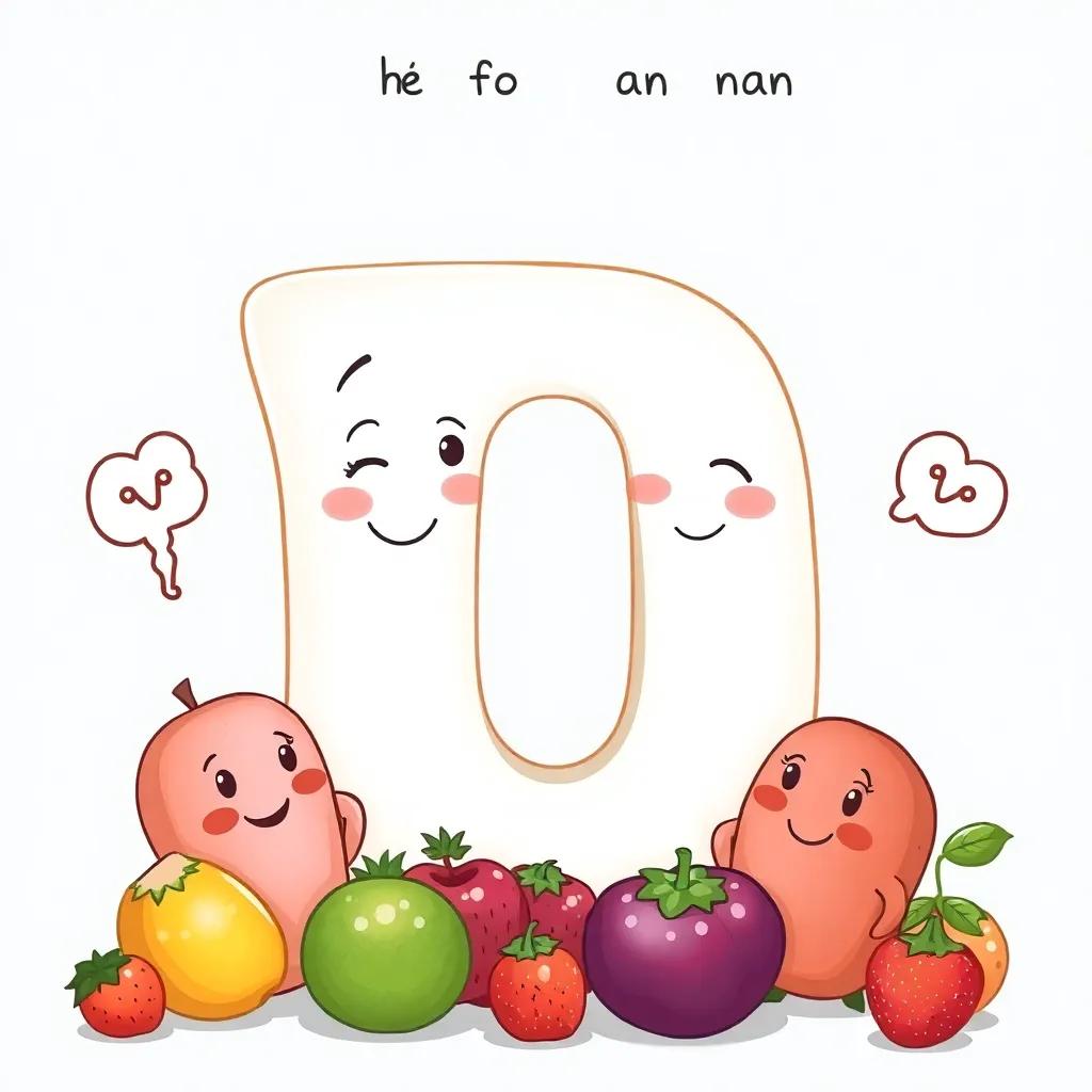 The letter 'ق' asking the others for a name, with thoughtful expressions, illustrations of fruits around them, friendly, inviting colors, high quality