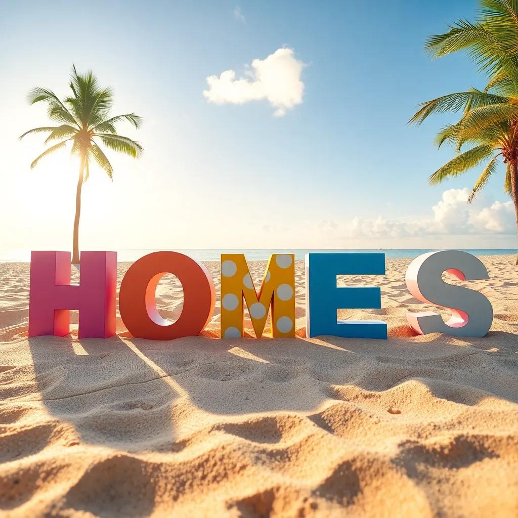The letters happily writing their word in the sand, excitement on their faces, tropical scene, warm sunlight, lively and colorful, high quality