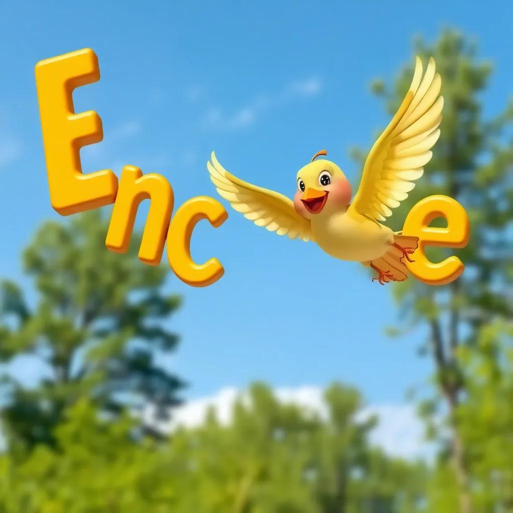 A cheerful bird flying in to encourage the letters, with a backdrop of green trees and blue sky, whimsical, vibrant, uplifting, high quality