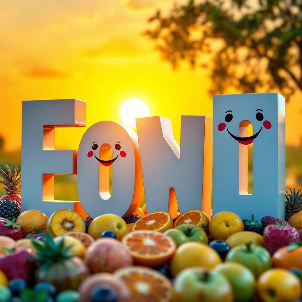 The letters celebrating after finishing their word, with fruits around and smiles, golden sunset in the background, joyful spirit, high quality