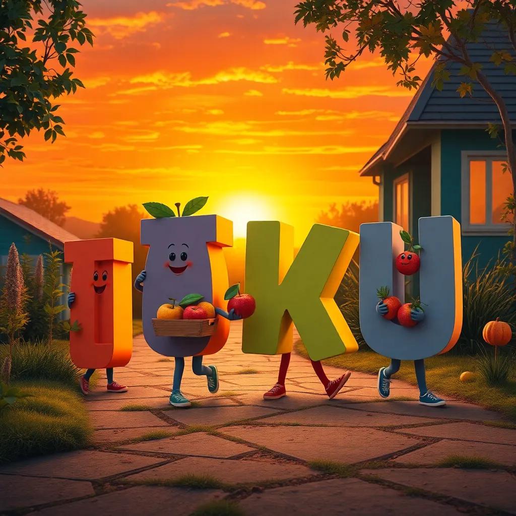 The letters 'ق', 'أ', 'ب', and 'ت' walking back home with fruits and their new word, sunset colors, joyful and proud, child-friendly, high quality
