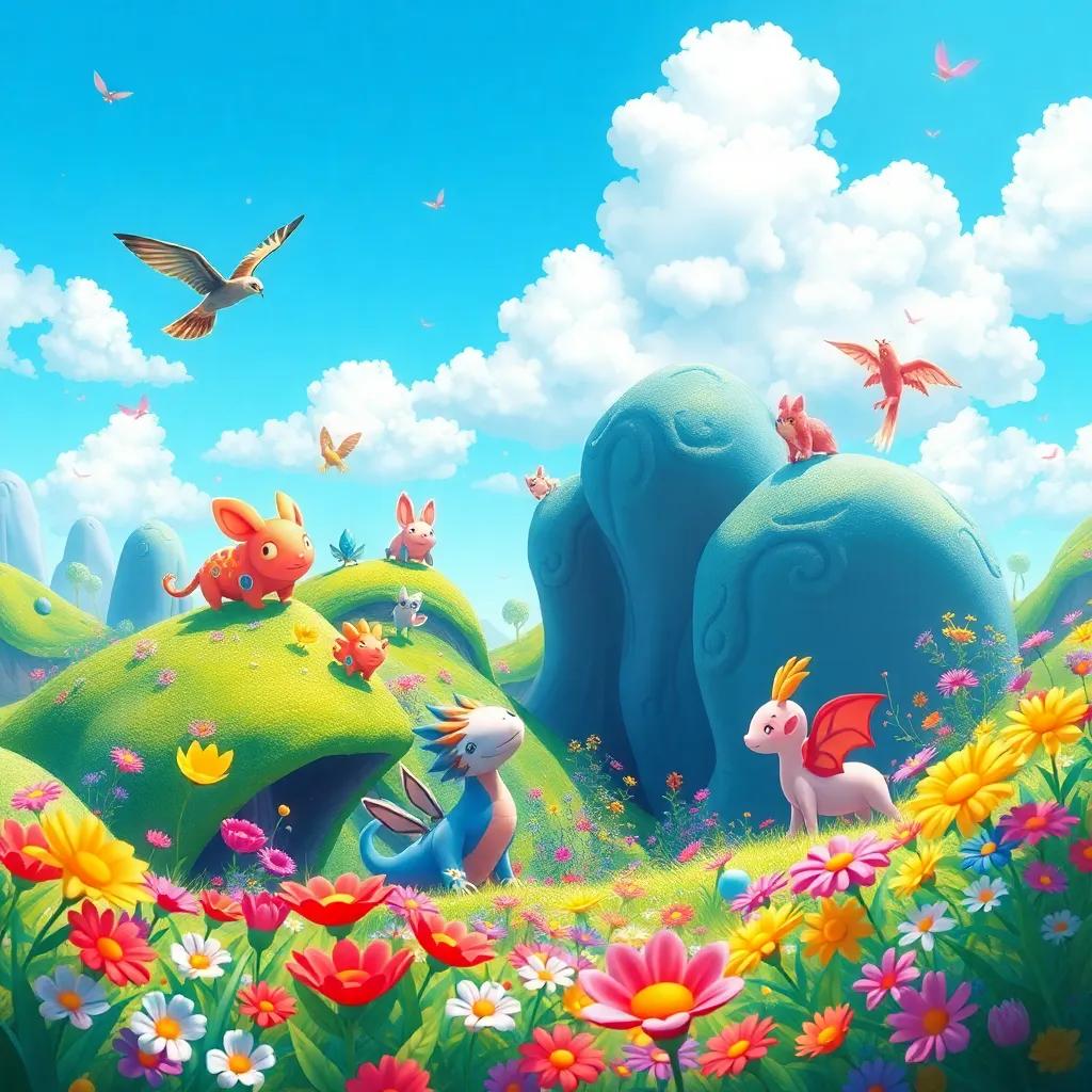 A magical world with colorful creatures, bright blue skies and vibrant flowers, fantastical landscape, cheerful atmosphere, detailed illustration, whimsical