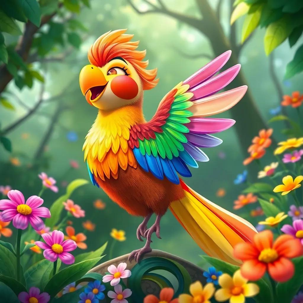 A beautiful bird named Muzmiz with rainbow feathers singing sweet melodies in a lush green forest, surrounded by colorful flowers, cheerful digital art, vibrant colors
