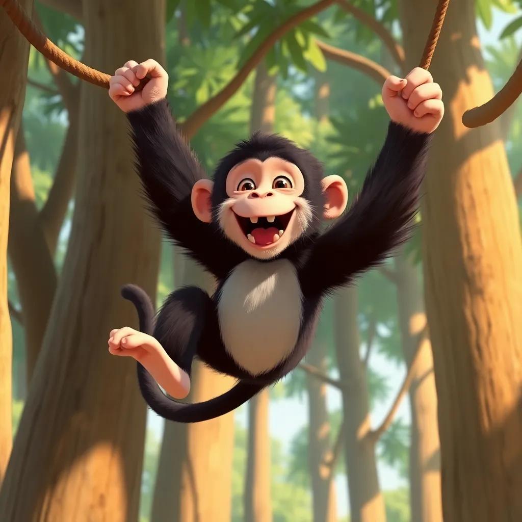 A marvelous monkey named Koko playing joyfully among tall trees, swinging from branch to branch, energetic personality, playful expressions, bright sunlight, fun illustration