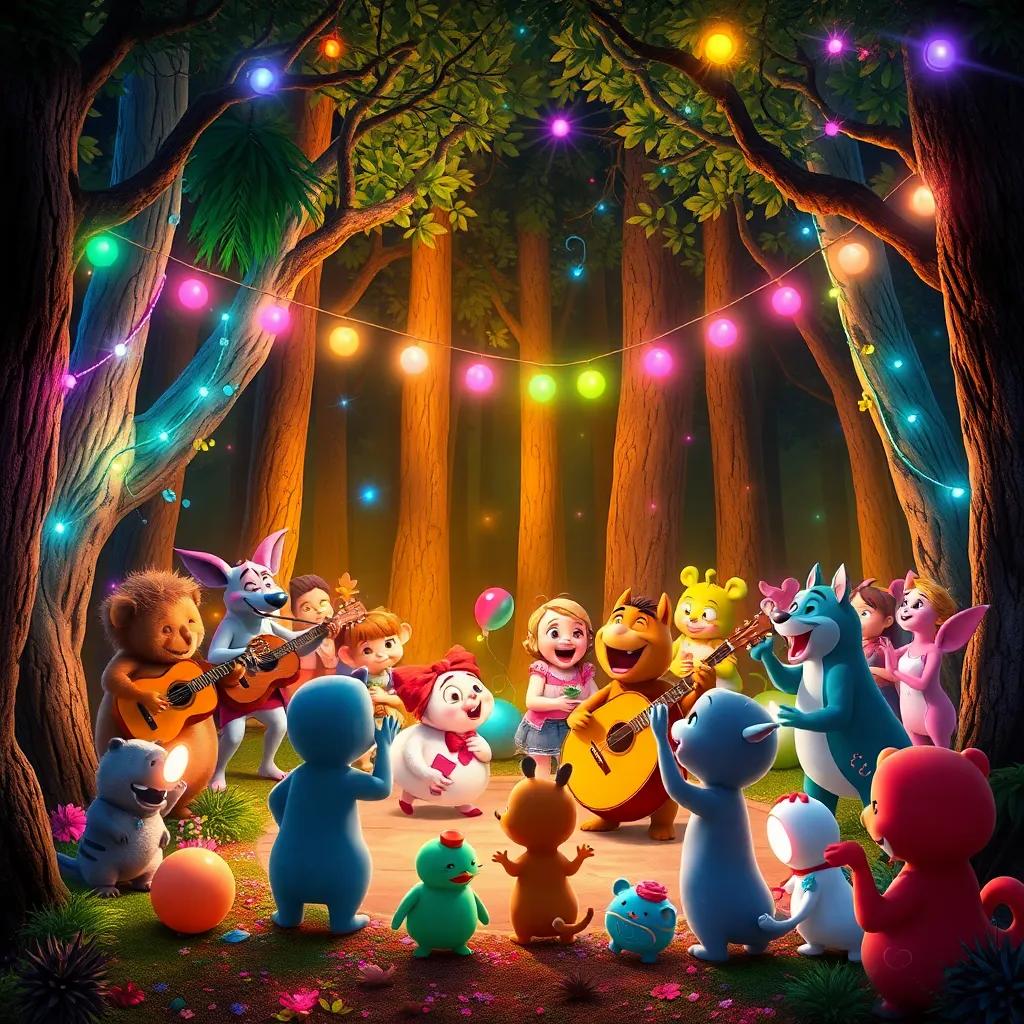 A joyful music party in the forest with creatures dancing and singing, colorful lights and decorations in the trees, magical atmosphere, artistic scene