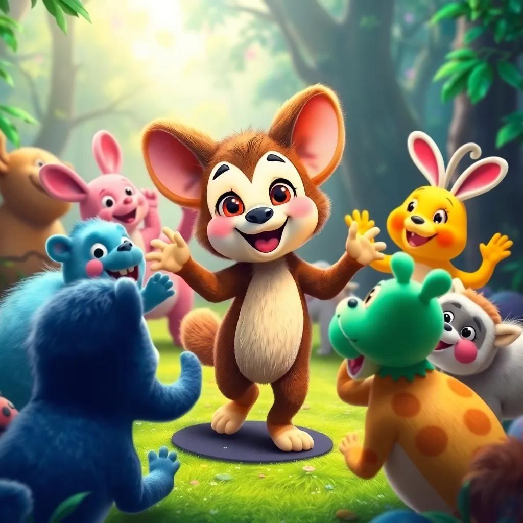 Koko performing fun dance moves in a circle surrounded by happy creatures, bright colors, cheerful expressions, magical forest background, vibrant artwork
