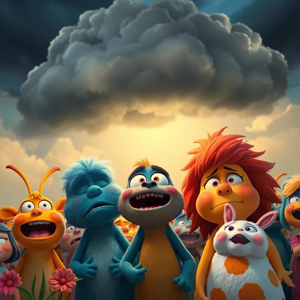 A dark cloud appearing over the joyful scene, creating a contrast with the bright colors, anxious expressions on the creatures' faces, dramatic atmosphere, artistic depiction