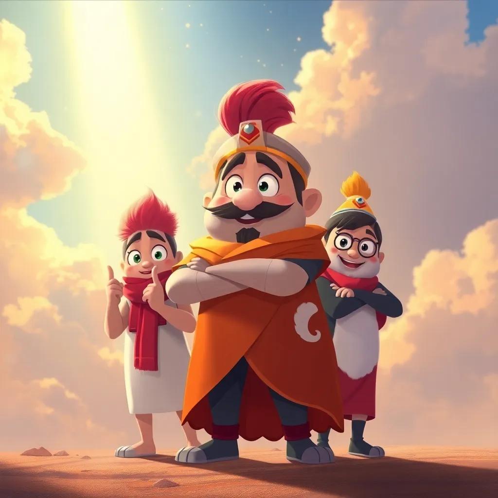 Muzmiz reassuring his friends with a confident stance under a beam of light breaking through the clouds, warm and uplifting atmosphere, artistic illustration