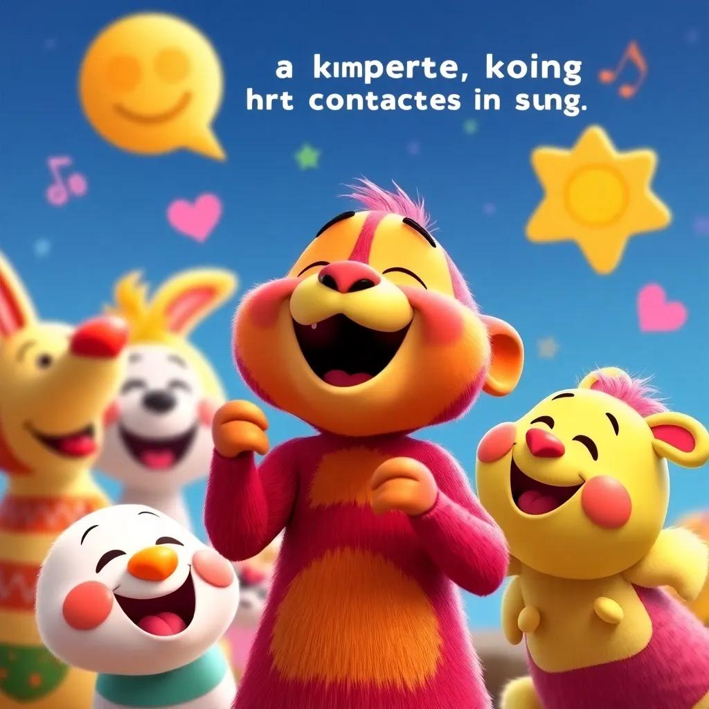 Koko singing his favorite song with friends joining him in harmony, bright colors and joyful expressions, conveying a hopeful message, vibrant artwork