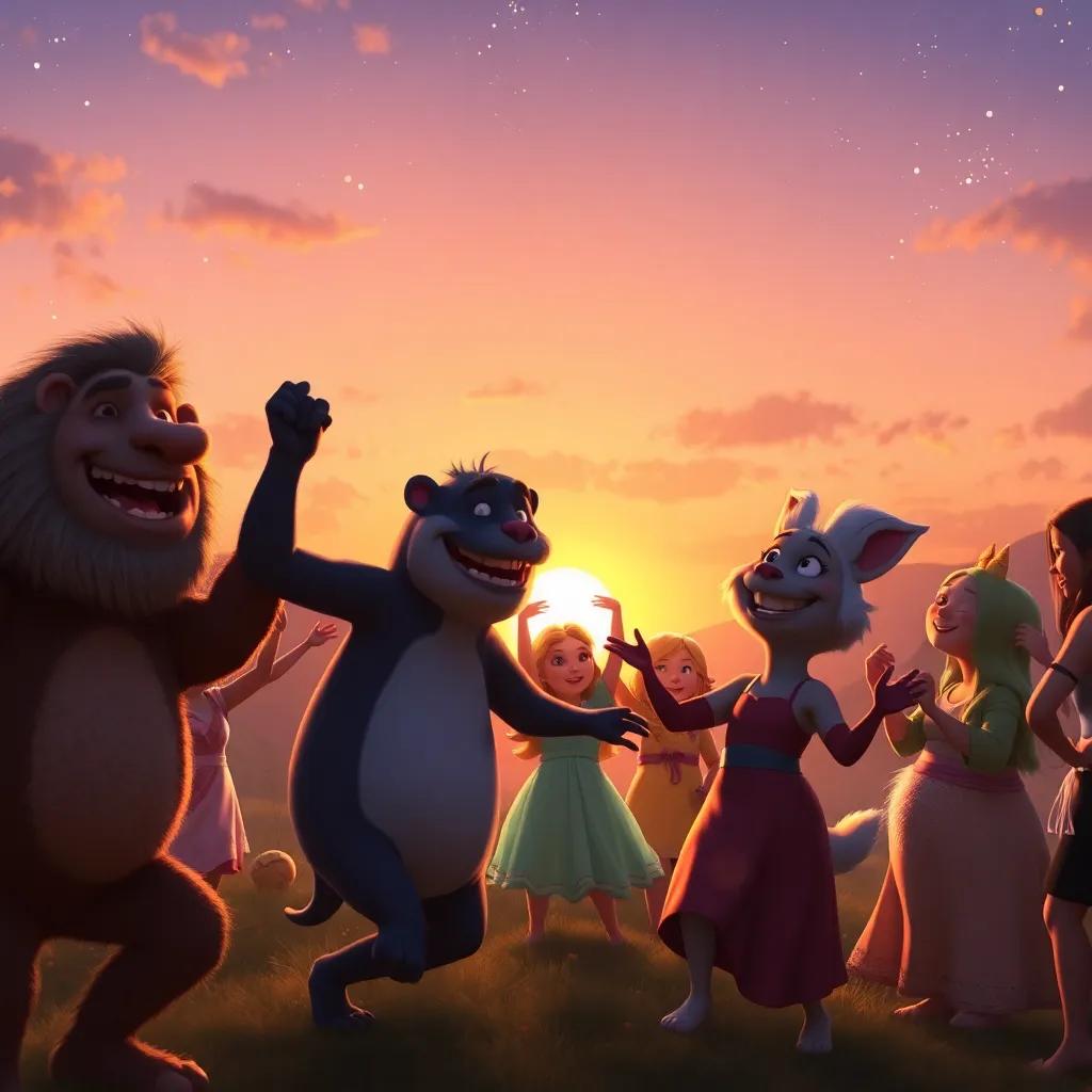 The dance celebration continuing at sunset, creatures smiling and having fun as stars begin to twinkle in the night sky, magical atmosphere, beautiful scenery