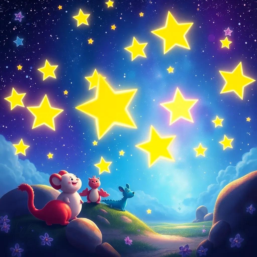 A final scene with bright stars and creatures enjoying their dreams, emphasizing imagination and hope, colorful and whimsical style, enchanting digital painting