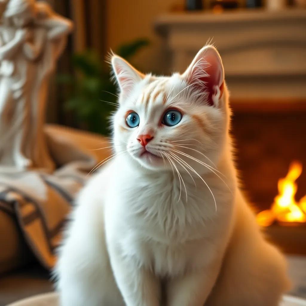 A beautiful cat, Kati, with soft white fur and shining blue eyes, sitting in a warm and cozy home, looking content, digital art, warm and inviting, high quality