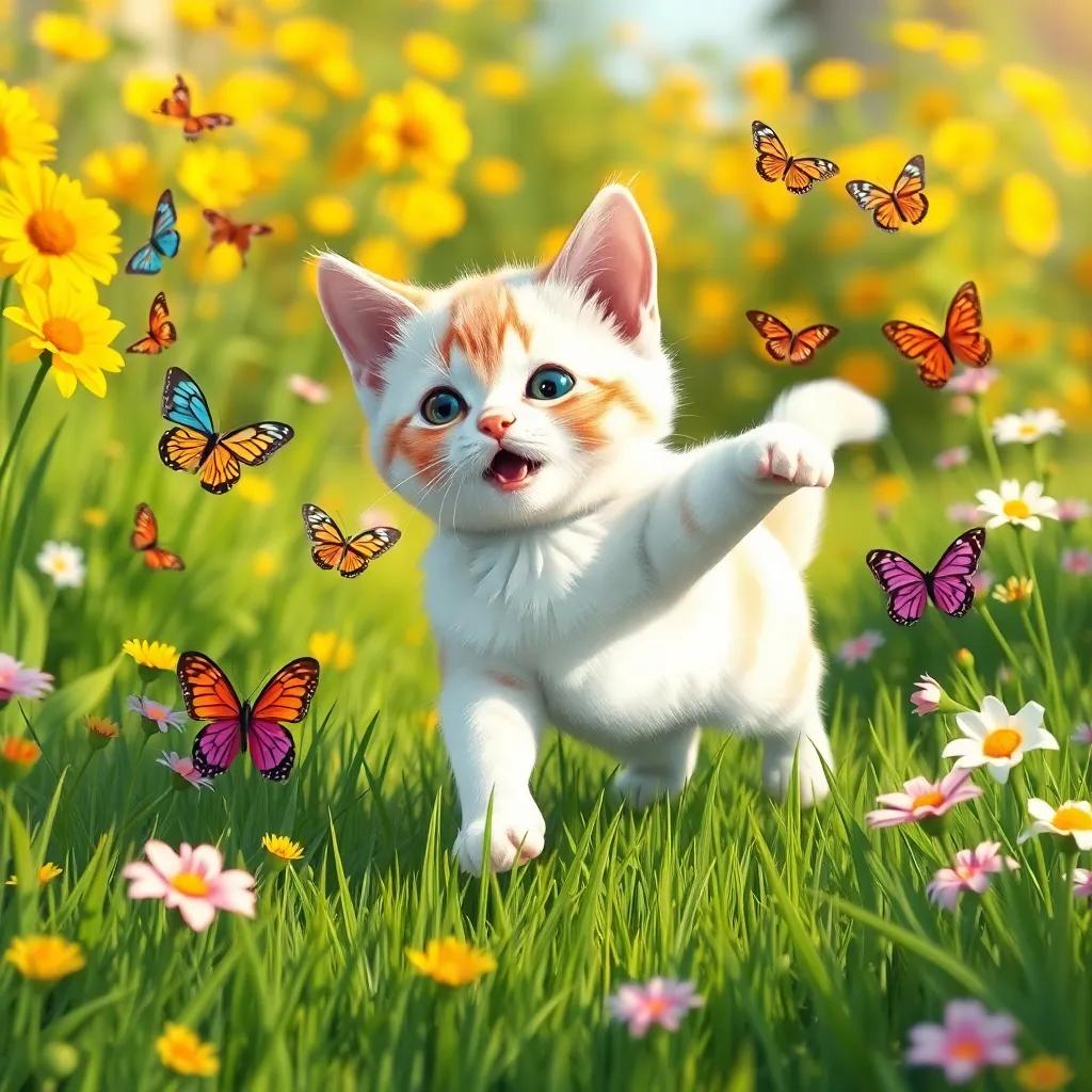 A small cat, Kati, playing energetically in a sunny garden, chasing colorful butterflies among green grass and blooming flowers, illustration, lively and cheerful, child-friendly