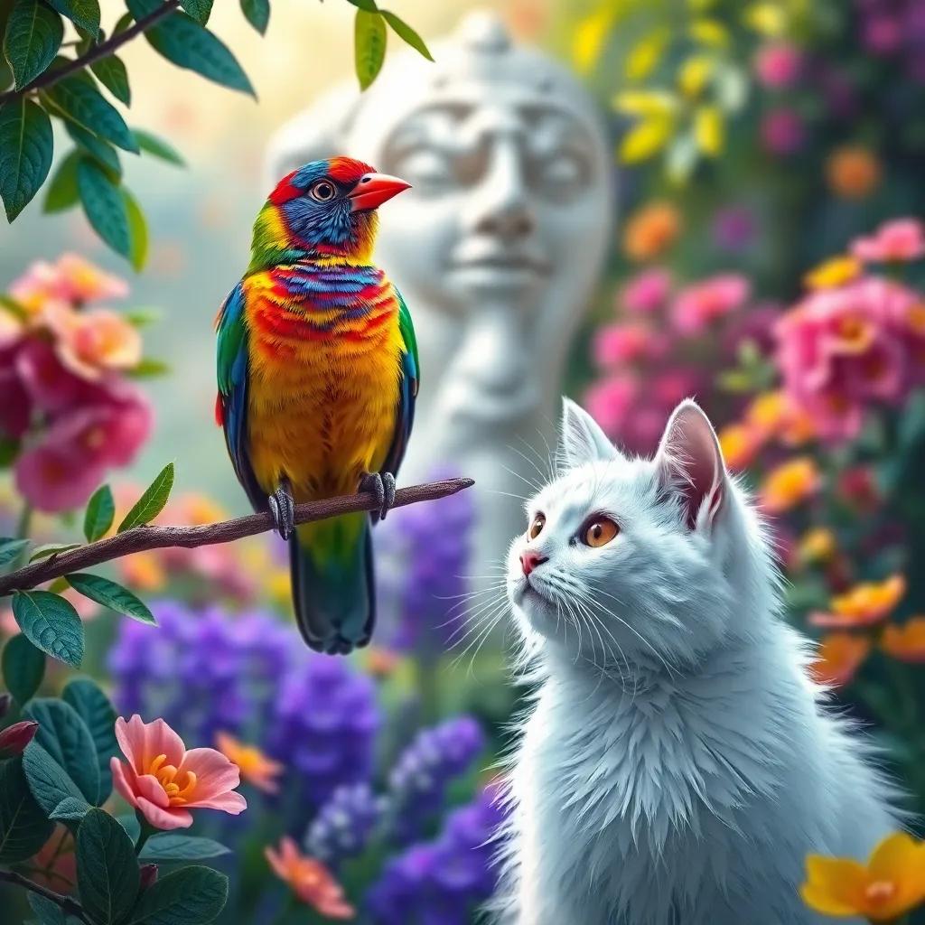 A colorful bird sitting on a branch, with Kati the cat watching from below with curiosity, the setting is a vibrant garden, digital painting, bright colors, enchanting atmosphere
