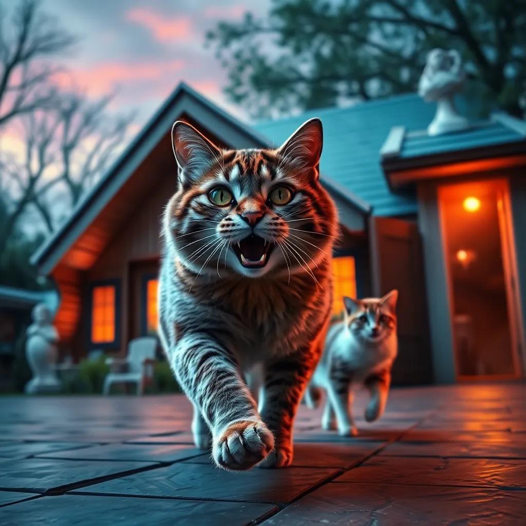 A large cat appearing suddenly, Kati the cat looking alarmed and running towards a cozy house, digital artwork, dramatic colors, sense of urgency, high quality