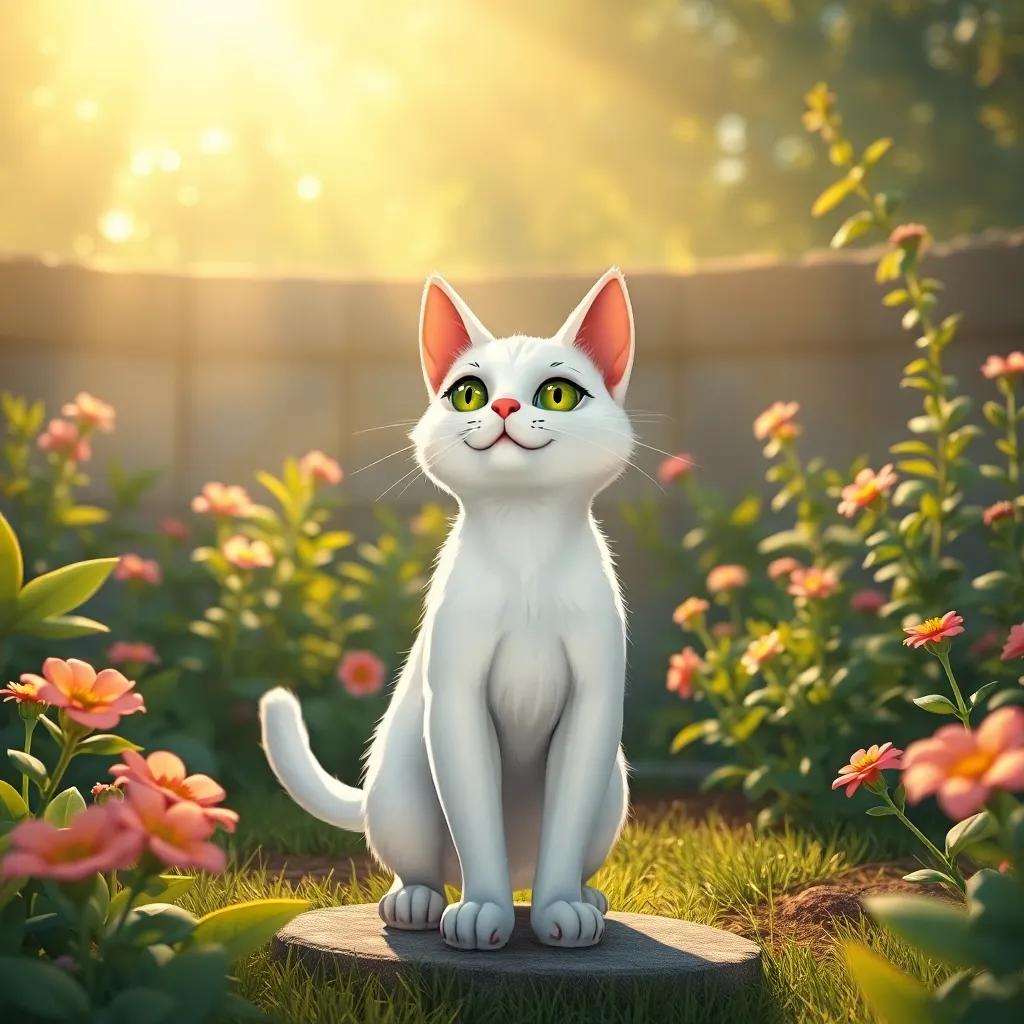 Kati the cat, feeling brave, standing in her garden with determination, sunlight shining down, ready to explore despite her fears, illustration, inspiring and uplifting