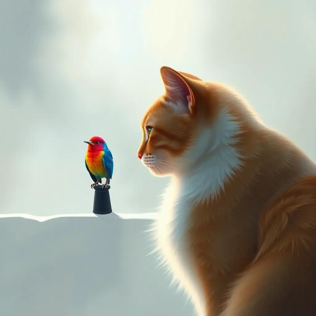 Kati the cat quietly observing a colorful bird from a distance, the scene captures the peacefulness and intent focus of the cat, digital painting, serene colors, soft lighting