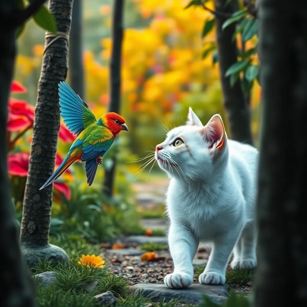 Kati the cat getting closer to the colorful bird, cautiously moving forward among the trees, vibrant garden backdrop, digital art, detailed and charming