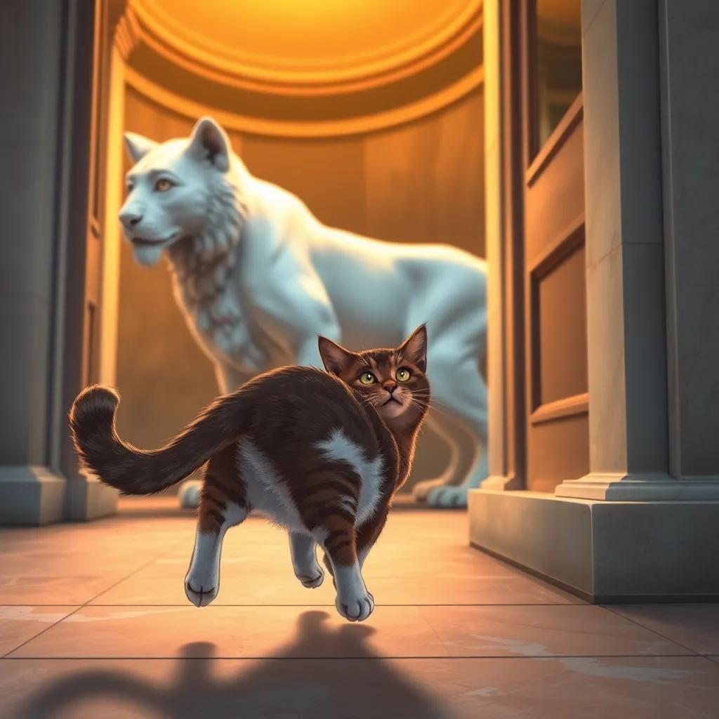 Kati the cat running back to her home, glancing back at the large cat with a mixture of fear and excitement, warm light and colors depicting a safe atmosphere, illustration