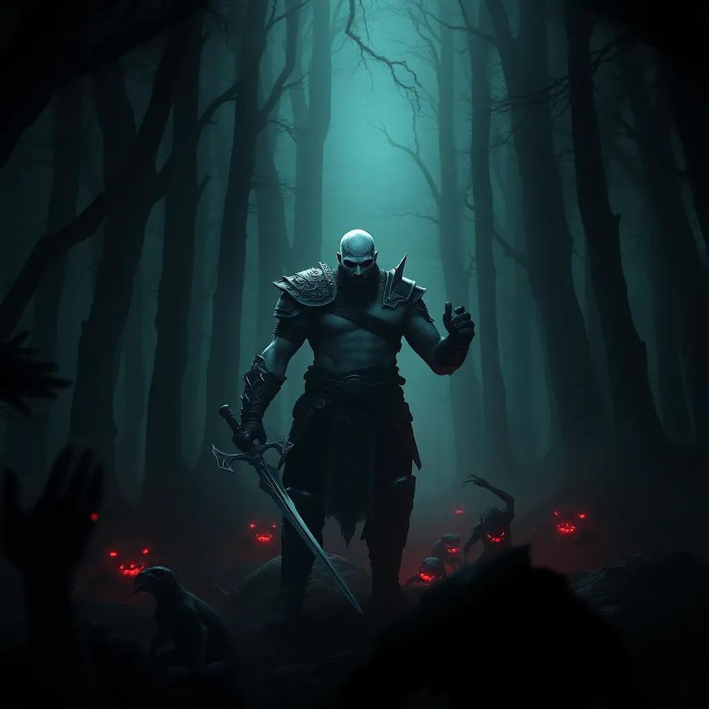 A dark forest with shadows and mysterious creatures lurking, showcasing the heroic figure of Kratos, a ghostly warrior, equipped with armor and wielding weapons, digital art, dramatic light, high contrast, cinematic view, vibrant colors, high detail