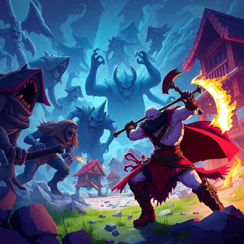 A fierce battle scene with Kratos, the ghost of Sparta, engaged in combat against shadowy monsters to protect villagers, dynamic action, detailed illustration, bright colors, intense atmosphere, child-friendly