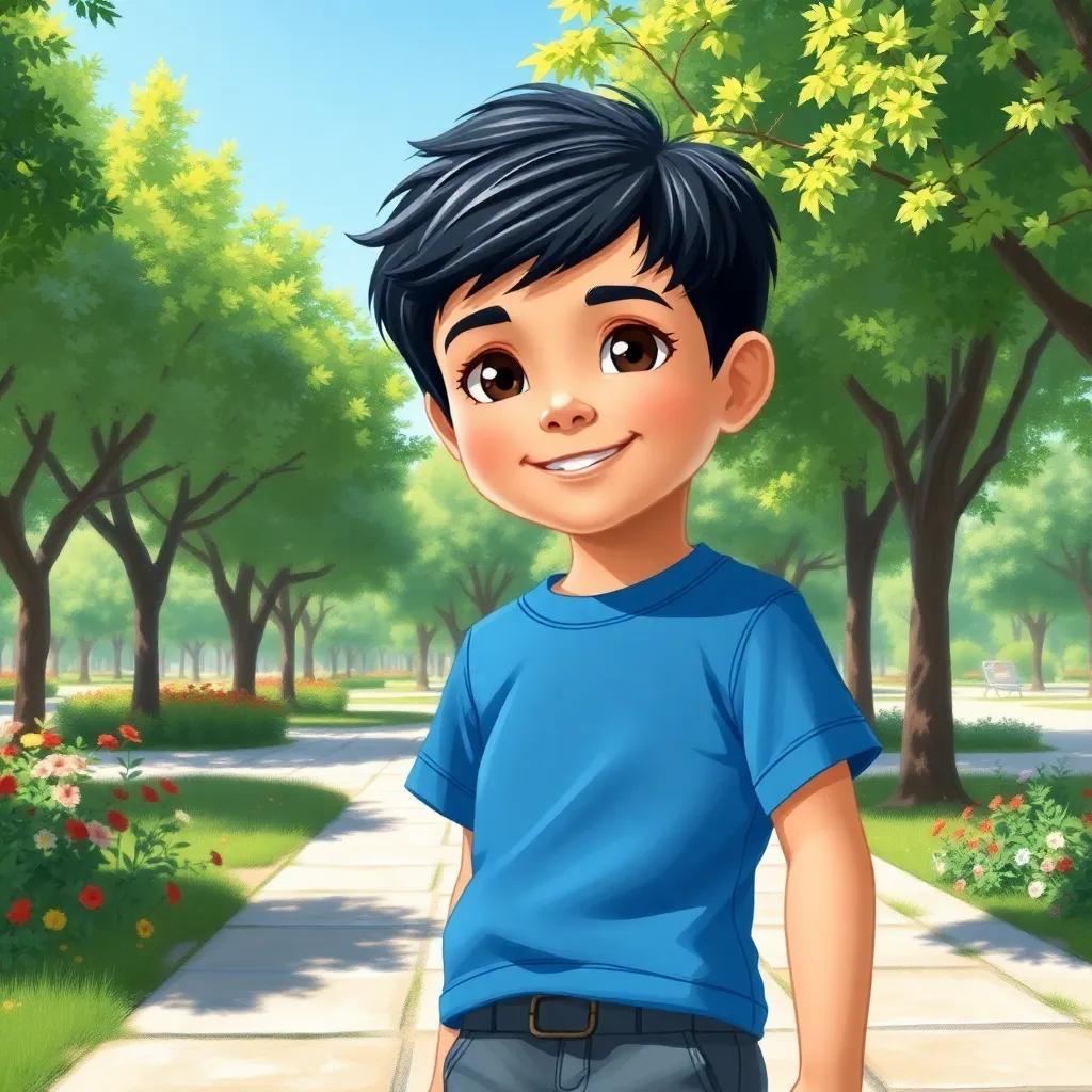 A young Arab boy, كريم, with short black hair, wearing a blue t-shirt and shorts, happily standing in a sunny park with green trees and flowers, detailed digital art, bright colors, cheerful atmosphere, high quality