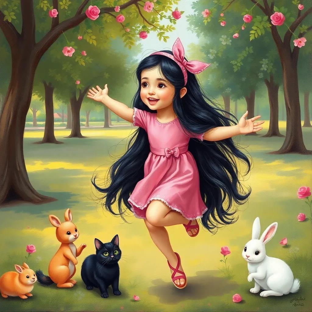 A young Arab girl, هند, with long black hair, wearing a pink dress and a hairband, jumping joyfully in a park surrounded by cute animals like a black cat and a white rabbit, colorful, playful, vibrant, child-friendly
