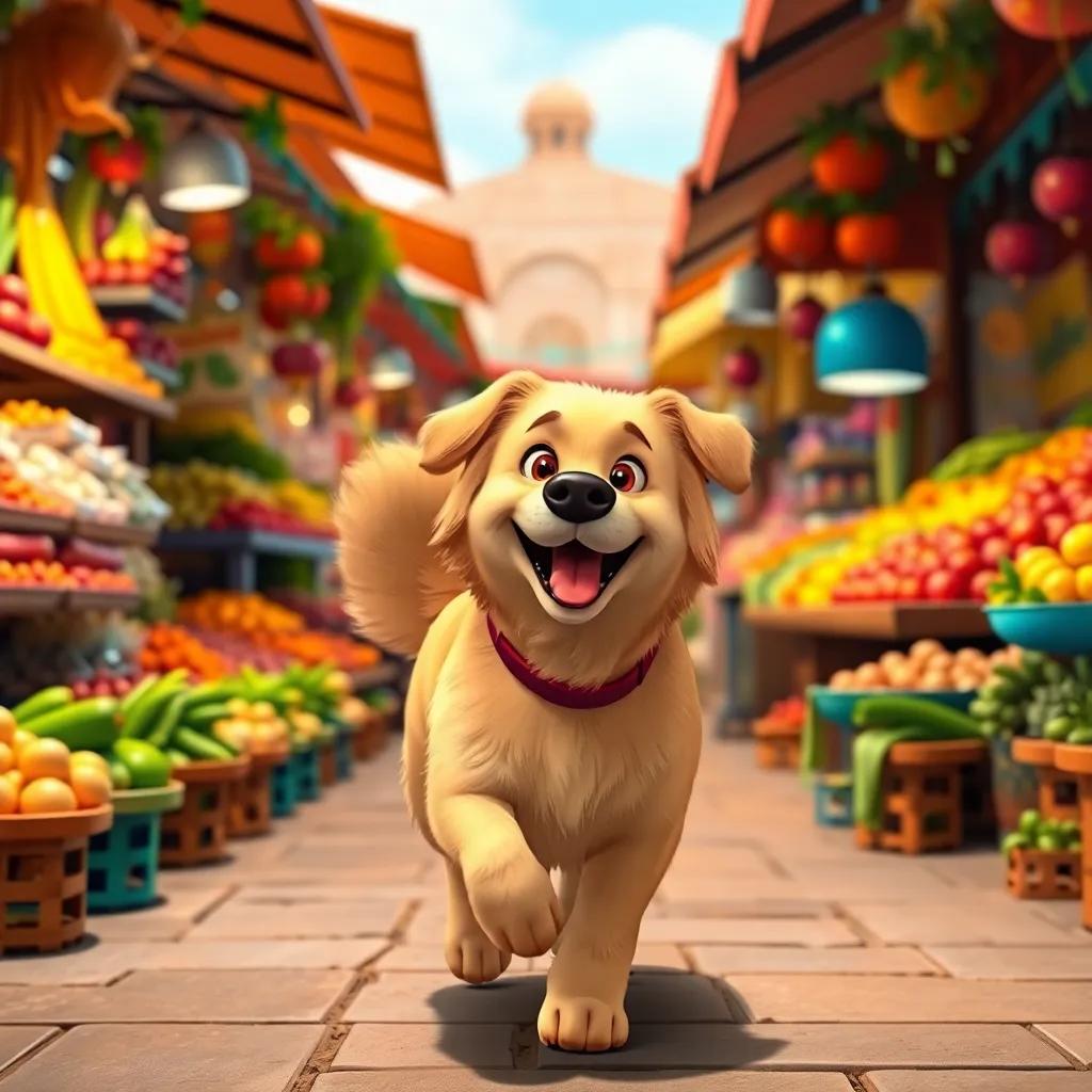 A loyal dog, Fufu, a friendly golden retriever, happily wagging its tail, walking down a colorful market street with stalls filled with fruits and vegetables, digital art, vibrant colors, cheerful atmosphere, high quality