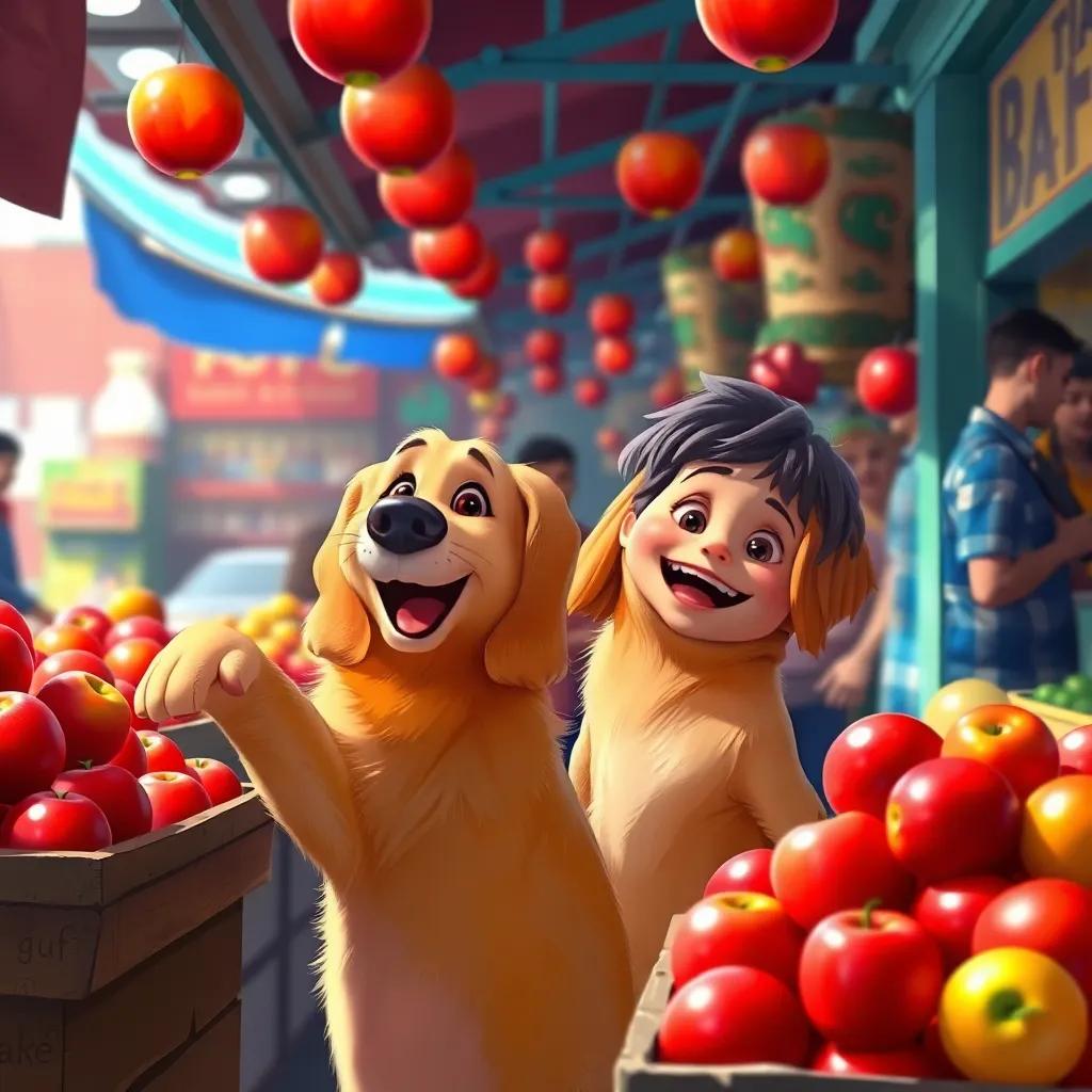 Fufu, a friendly golden retriever, joyfully pointing at a stall with shiny red apples, a young boy, Ali, smiling beside him, in a busy market filled with laughter, digital painting, bright colors, lively and inviting scene, high quality