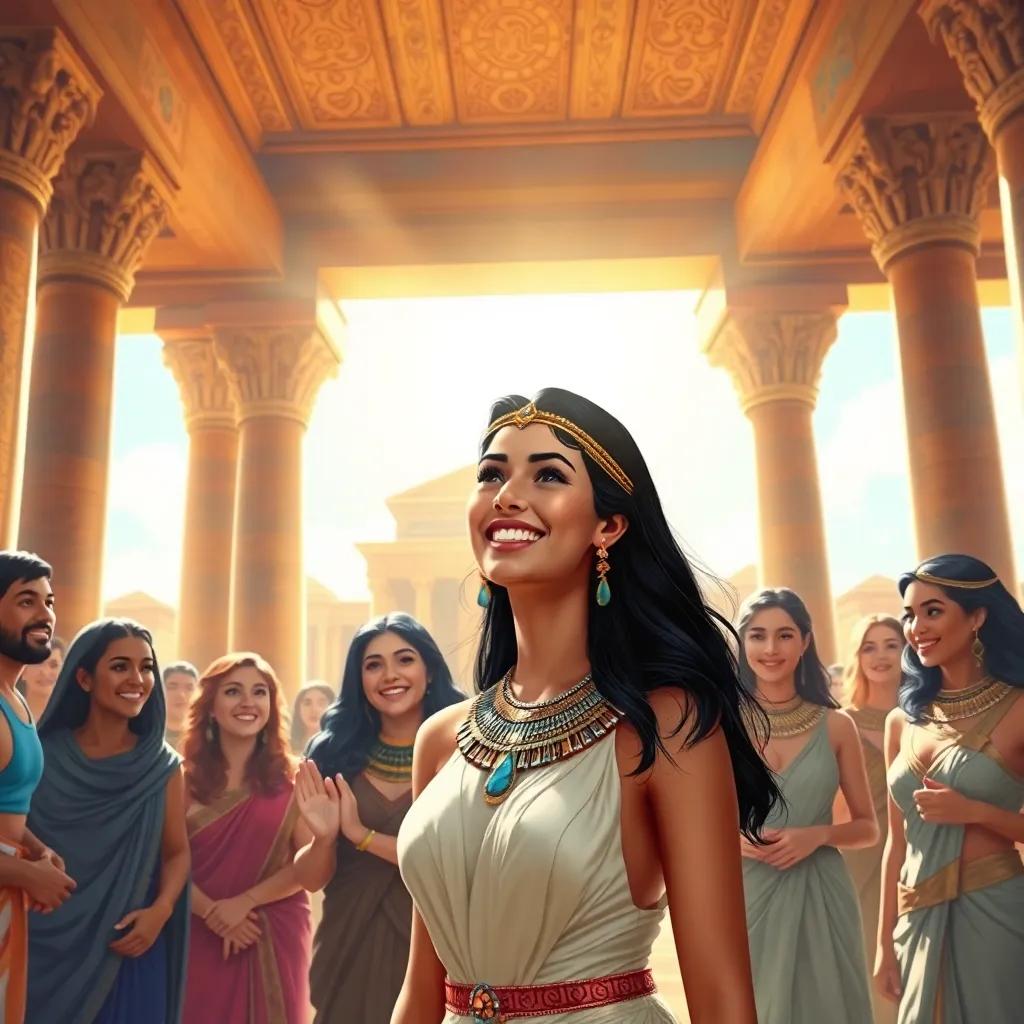A sunny ancient Egyptian palace scene with Cleopatra, a young Egyptian girl with shiny black hair, wearing a beautiful dress and sparkling jewelry, smiling excitedly with friends, digital art, warm colors, vibrant atmosphere, high quality