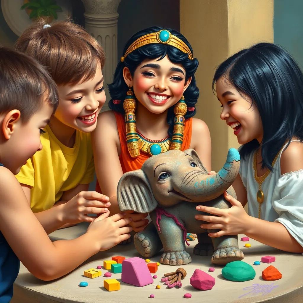 Children playing and sculpting colorful clay, with Cleopatra, a young Egyptian girl with shiny black hair, laughing joyfully surrounded by an elephant sculpture, joyful ambiance, detailed, cheerful, high quality