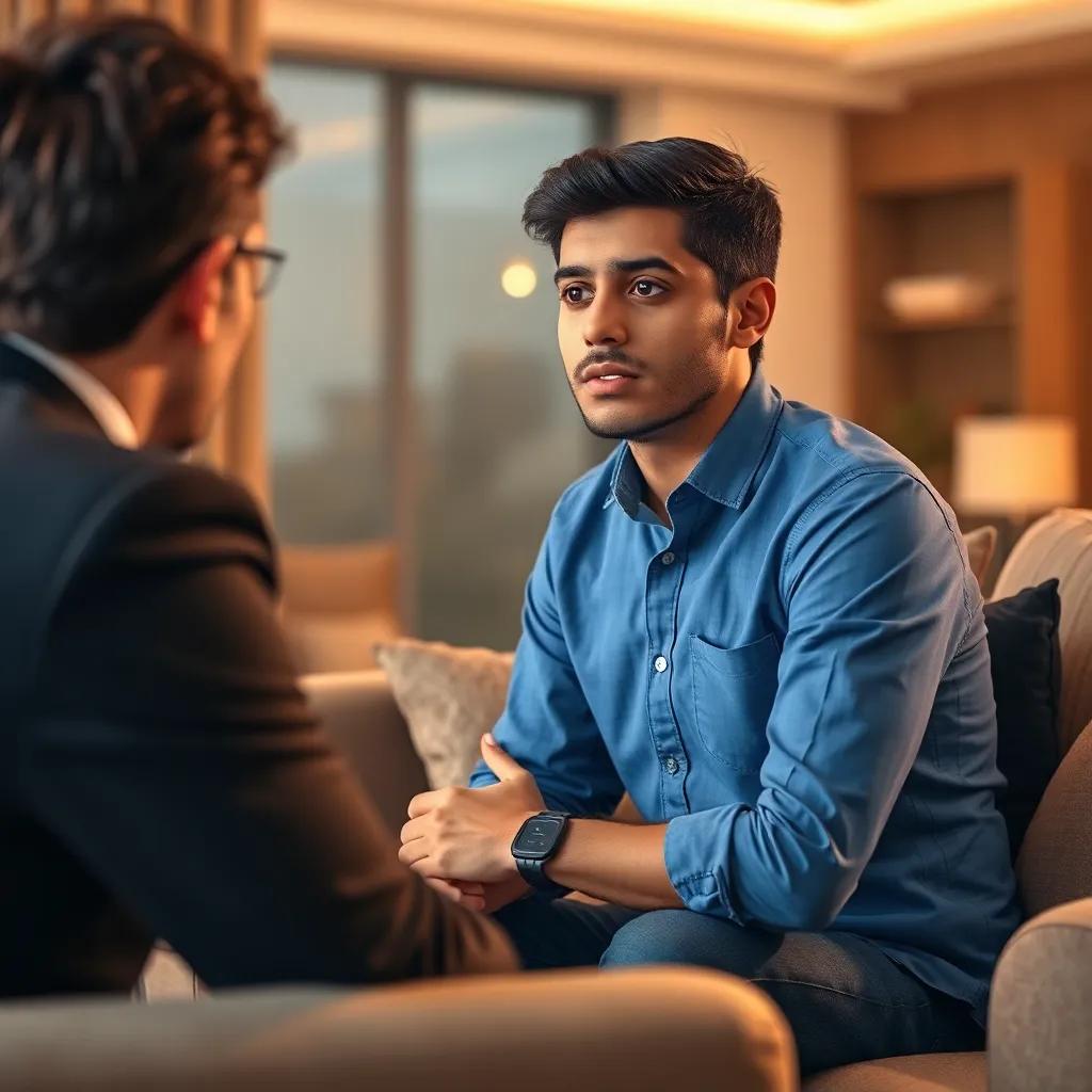 A tired Kuwaiti young man, Kinan, with short black hair wearing a blue shirt and jeans, looking surprised as he listens to a lawyer sitting on a sofa, warm light, cozy living room, digital art, inviting atmosphere, high quality