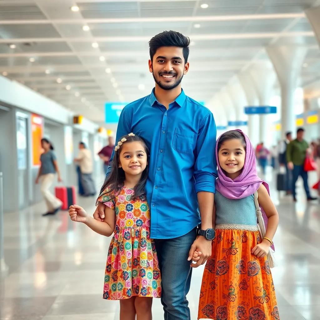 A joyful scene in an airport, with Kinan, a Kuwaiti young man with short black hair in a blue shirt, holding hands with his sister, Yasra, a small Kuwaiti girl wearing a colorful dress, while their brother, Elias, looks excited, bright colors, bright and cheerful atmosphere, high quality