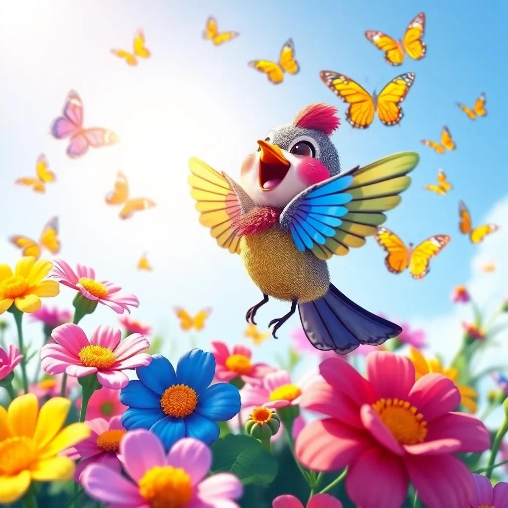 A small colorful flower bird, Koko, flying joyfully over colorful flowers, singing, beautiful sunny day, vibrant butterflies around, digital art, cheerful atmosphere, high quality.