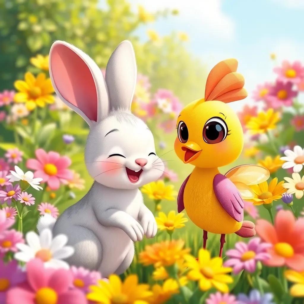 A cute small bunny playing with Koko the flower bird in a beautiful garden filled with colorful flowers, joyful expressions, bright sunny light, cheerful, illustration, child-friendly.