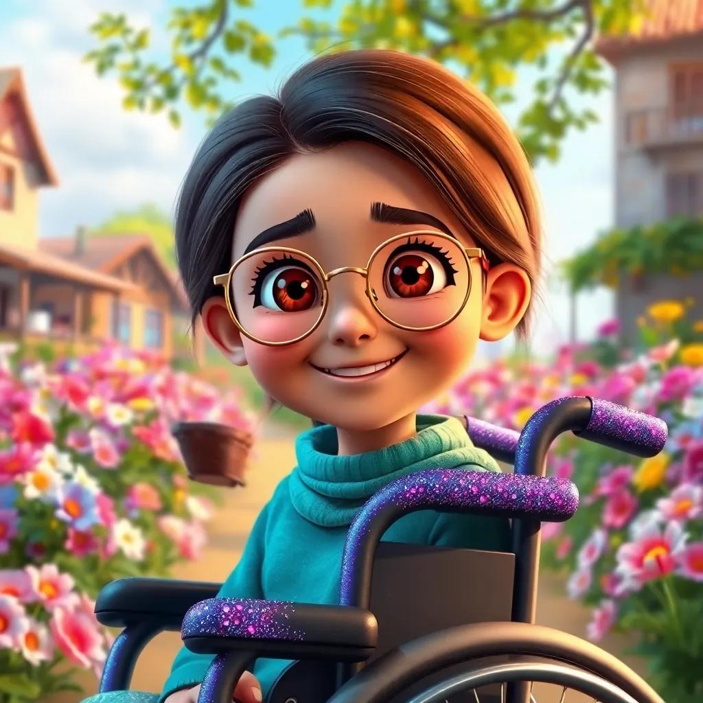 A young Arab girl, Koko, with brown eyes and smooth chestnut hair, wearing a golden-framed glasses and a sparkly purple wheelchair, smiling in a sunny village background full of flowers, cheerful atmosphere, digital art, vibrant colors, heartwarming scene, high quality