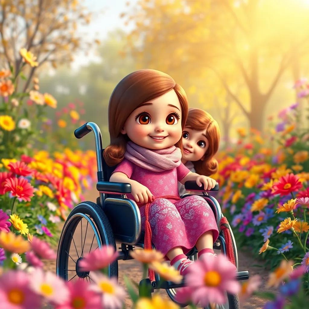 Koko, a young Arab girl with brown eyes and smooth chestnut hair in a sparkly wheelchair, surrounded by colorful flowers in a large park, with her sister Momo, who has brown eyes and wavy chestnut hair, children's adventure, joyful light, bright and colorful scene, high quality