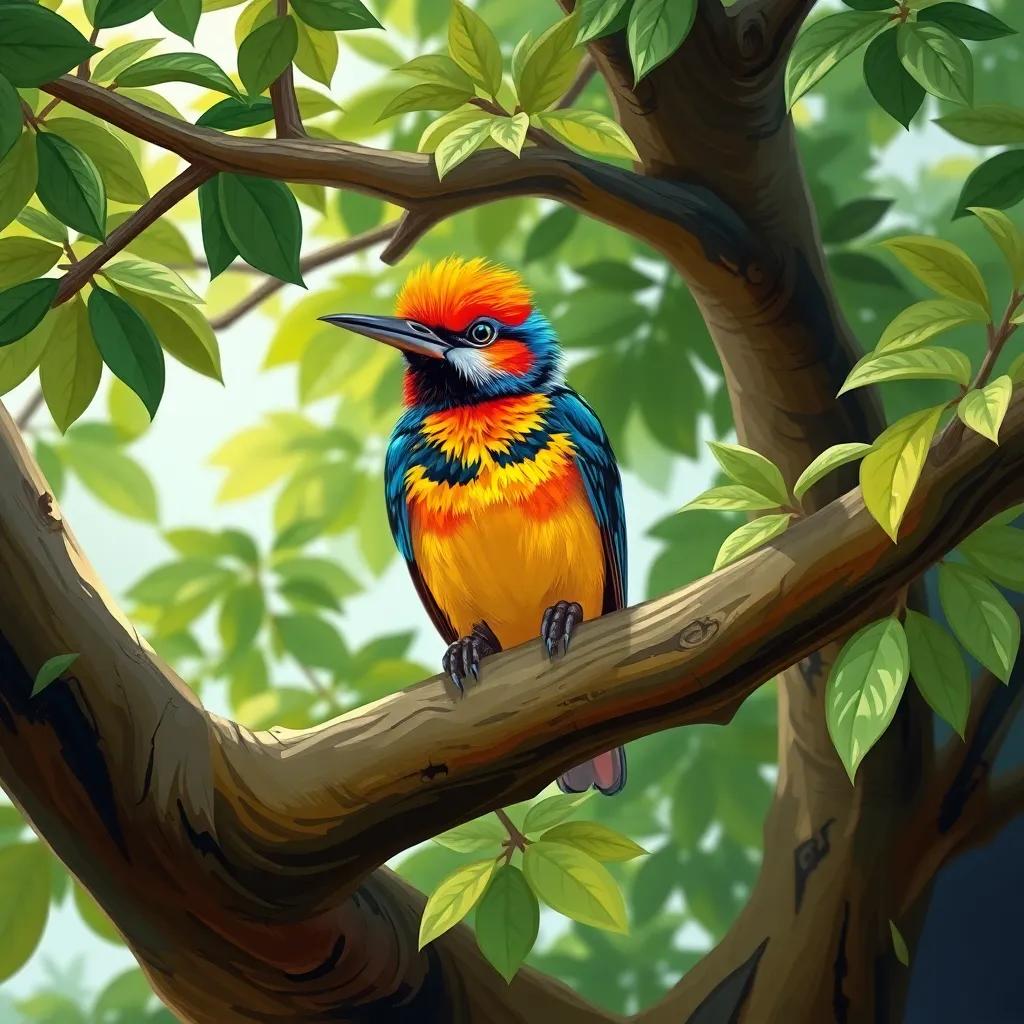 A small colorful bird, Koko, with bright feathers sitting on a large tree branch, surrounded by green leaves, cheerful atmosphere, vibrant colors, digital art, nature illustration, high quality